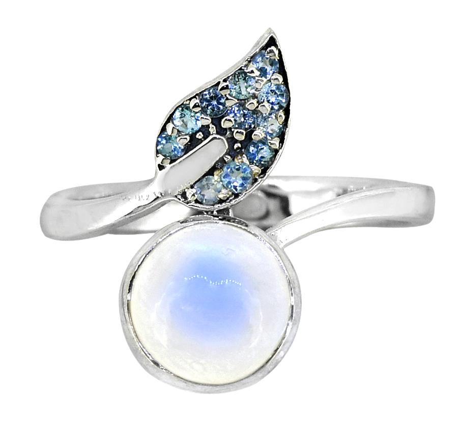 Rainbow Moonstone Swiss Blue Topaz 925 Sterling Silver Leaf Design Ring Genuine Gemstone Jewelry - YoTreasure
