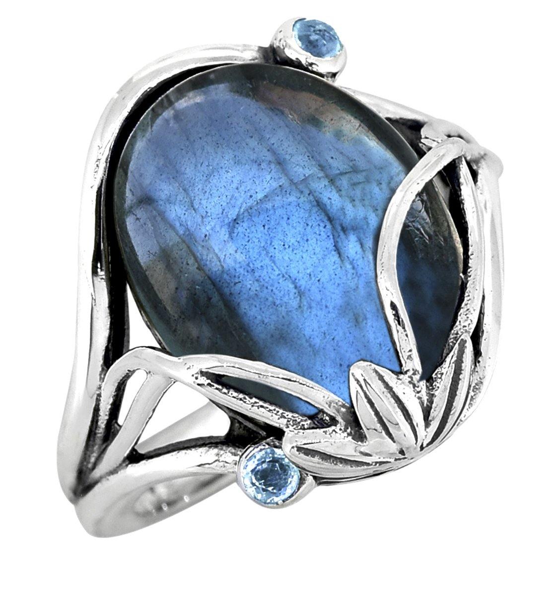 Labradorite Swiss Blue Topaz 925 Sterling Silver Designer Ring Genuine Gemstone Jewelry - YoTreasure