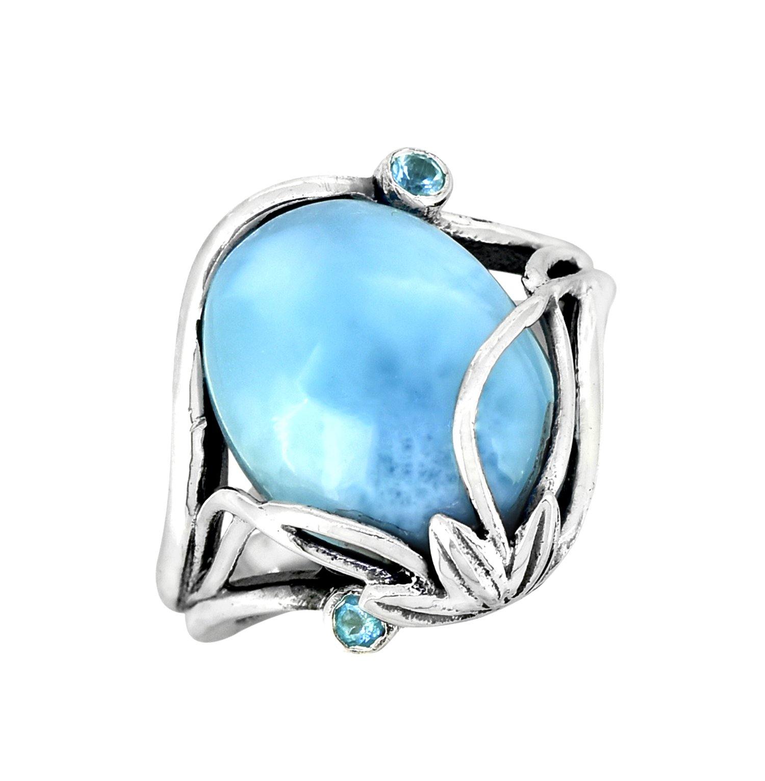 Larimar Swiss Blue Topaz 925 Sterling Silver Designer Ring Genuine Gemstone Jewelry - YoTreasure