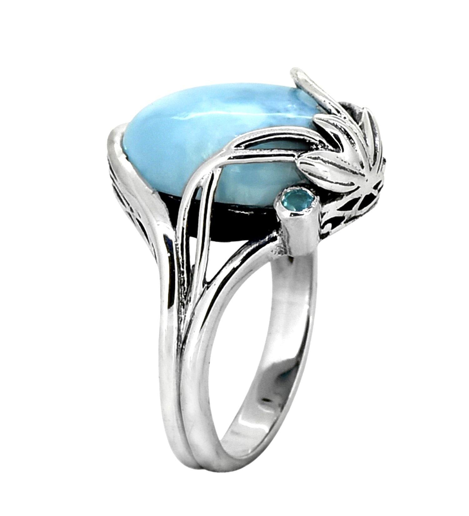 Larimar Swiss Blue Topaz 925 Sterling Silver Designer Ring Genuine Gemstone Jewelry - YoTreasure