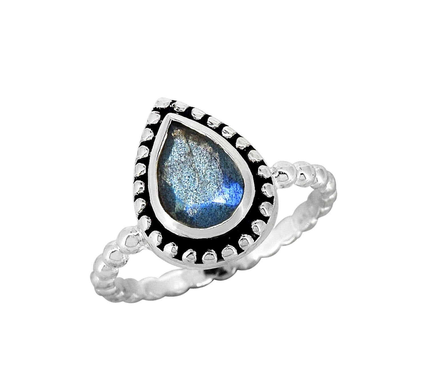 Natural Labradorite Solid 925 Sterling Silver Teardrop Ring Genuine Gemstone Jewelry - YoTreasure