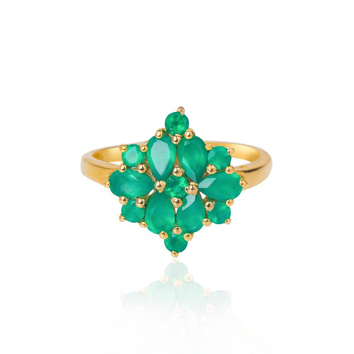 Green Onyx Cluster Ring 14k Gold Over 925 Silver - YoTreasure
