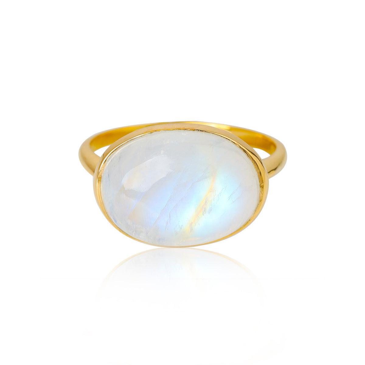 Rainbow Moonstone Solitaire Ring 14k Gold Over 925 Silver - YoTreasure