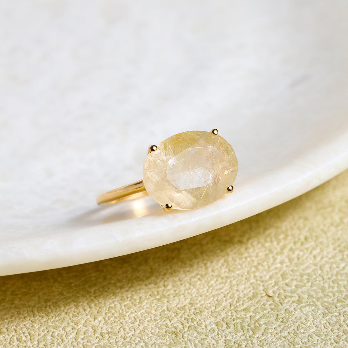 Natural Quartz Crystal Ring, 14K Gold Plated .925 Sterling Silver Raw Crystal Ring 9