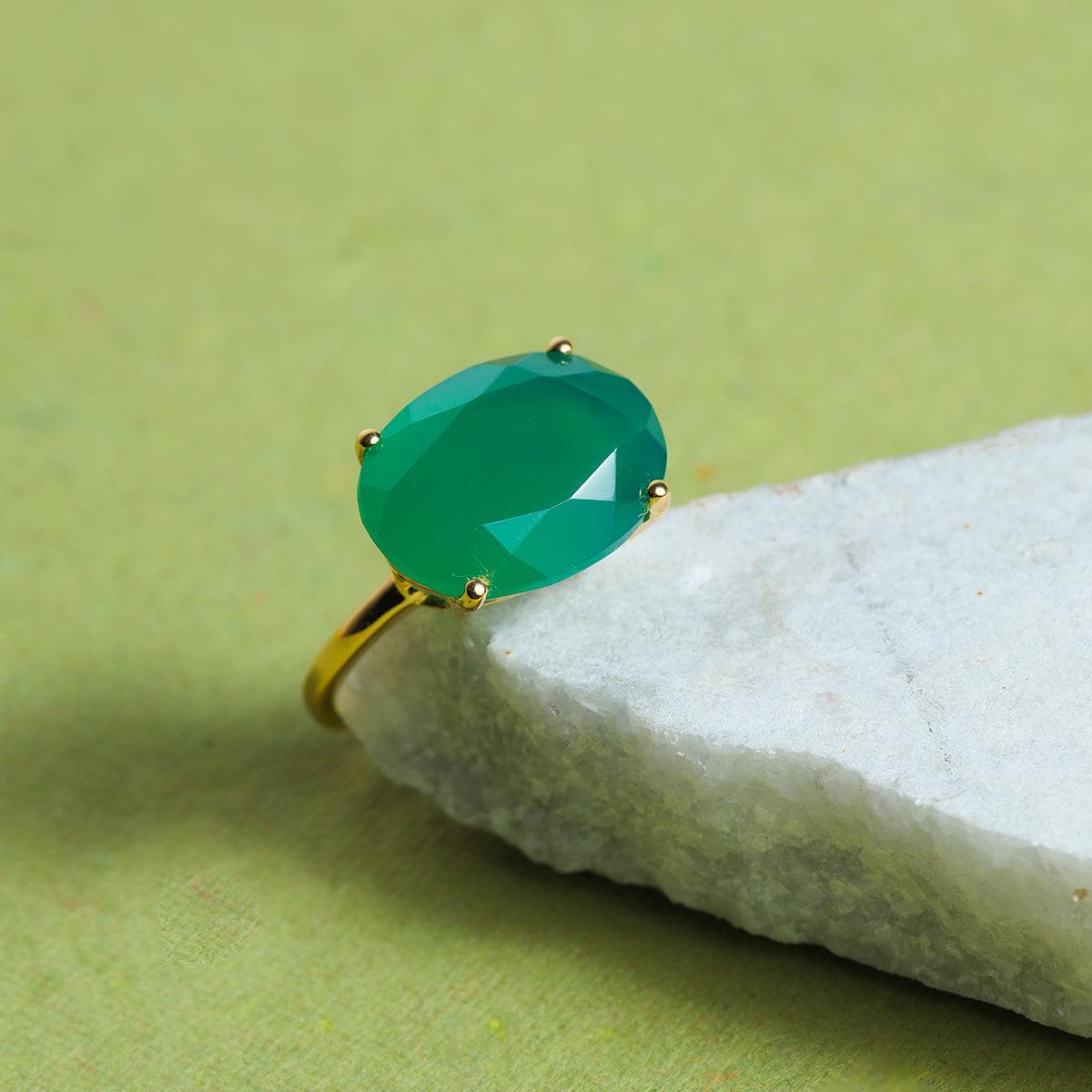 Green Onyx Solitaire Ring 14k Gold Over 925 Silver - YoTreasure