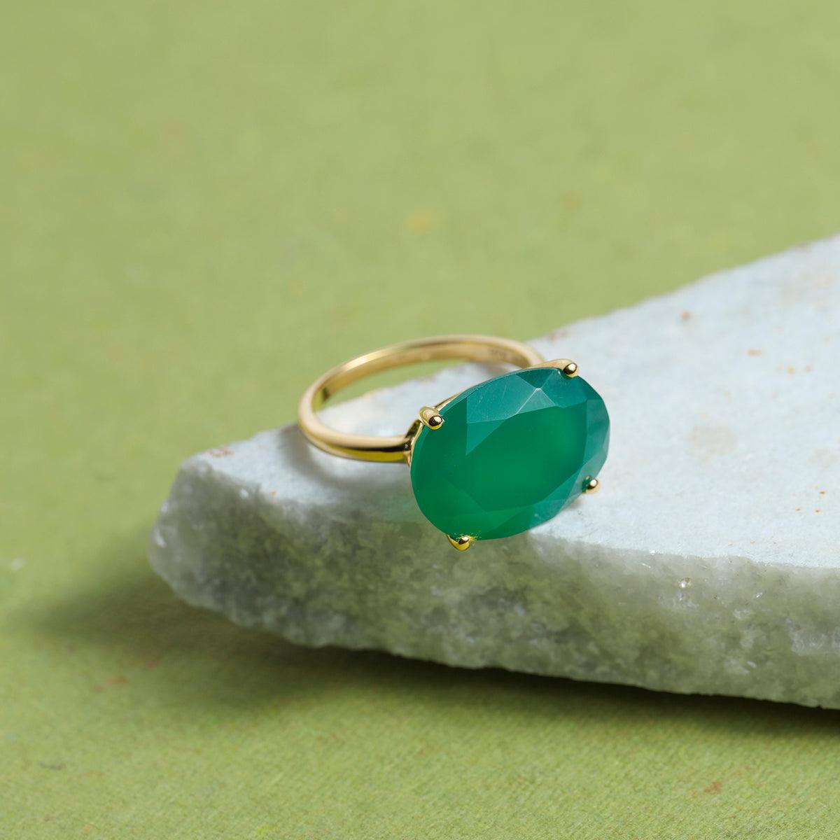 Green Onyx Solitaire Ring 14k Gold Over 925 Silver - YoTreasure