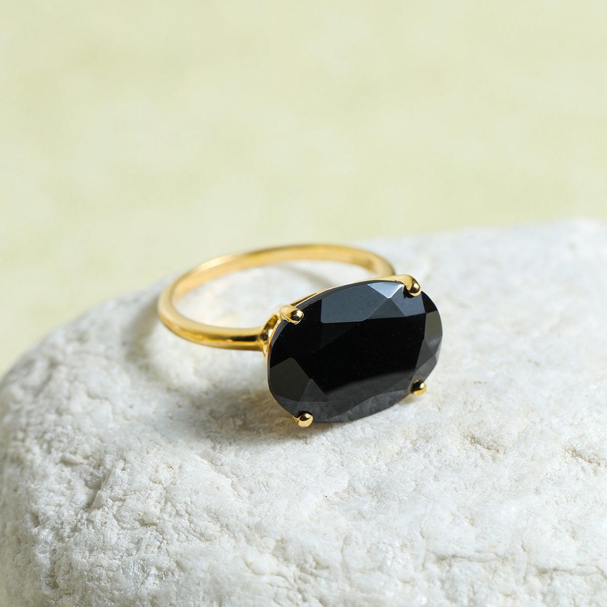 Black Onyx Solitaire Ring 14k Gold Over 925 Silver - YoTreasure