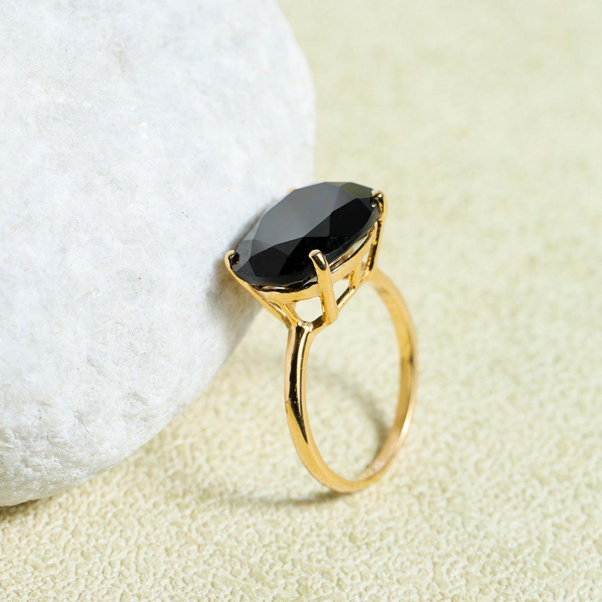 Black Onyx Solitaire Ring 14k Gold Over 925 Silver - YoTreasure