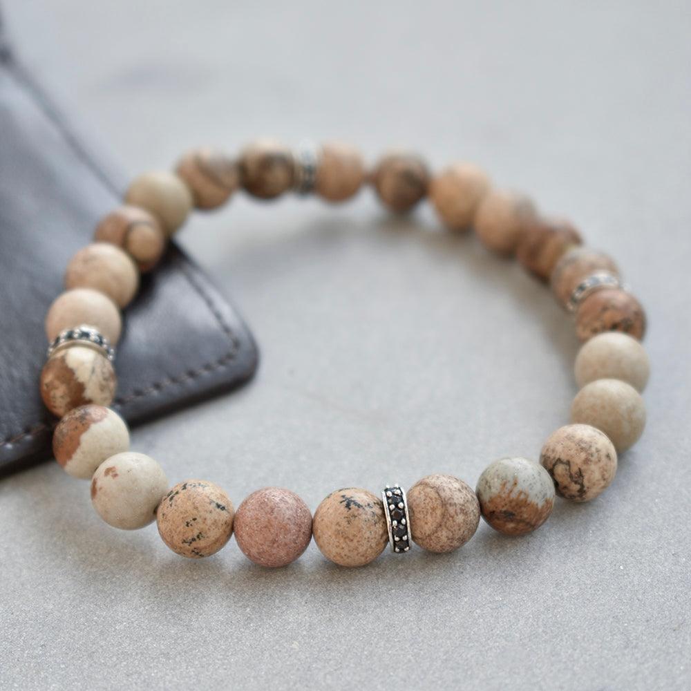 Picture Jasper Black Spinel Solid 925 Sterling Silver Stretchable Beads Bracelet 7" For Men's Jewelry - YoTreasure