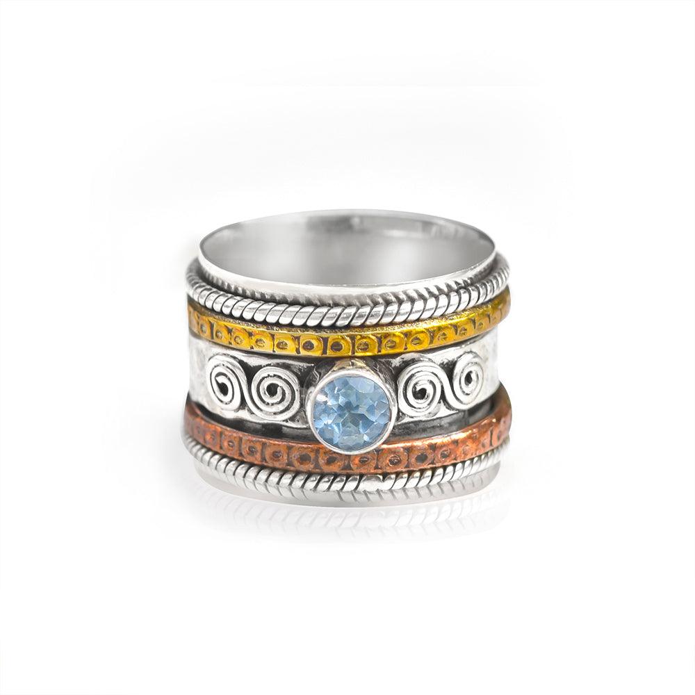 Natural Blue Topaz Solid 925 Sterling Silver Brass Copper Meditation Spinning Ring Jewelry - YoTreasure