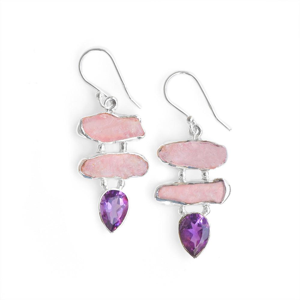 Rough Rose Quartz Amethyst Solid 925 Sterling Silver Dangle Earrings Jewelry - YoTreasure