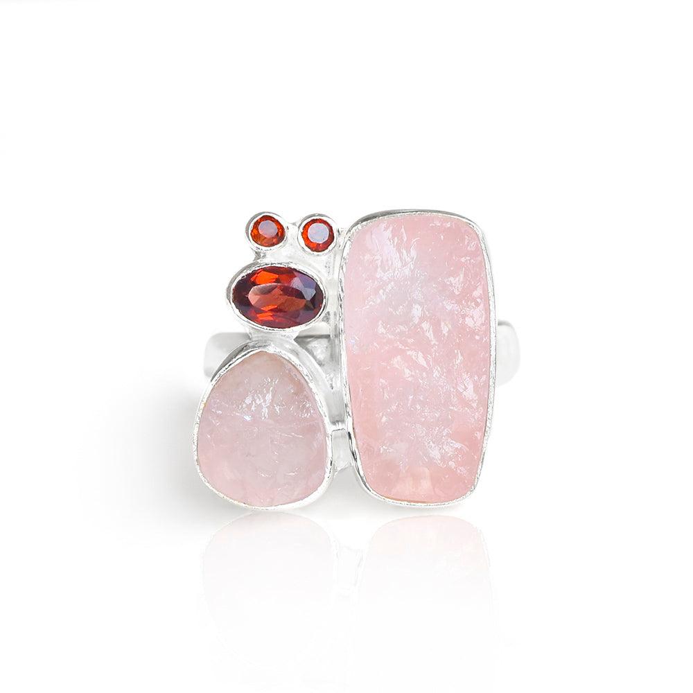 Rough Rose Quartz Garnet Solid 925 Sterling Silver Gemstone Ring Jewelry - YoTreasure