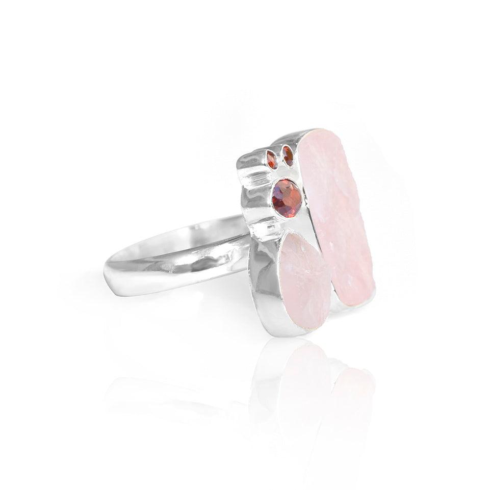 Rough Rose Quartz Garnet Solid 925 Sterling Silver Gemstone Ring Jewelry - YoTreasure