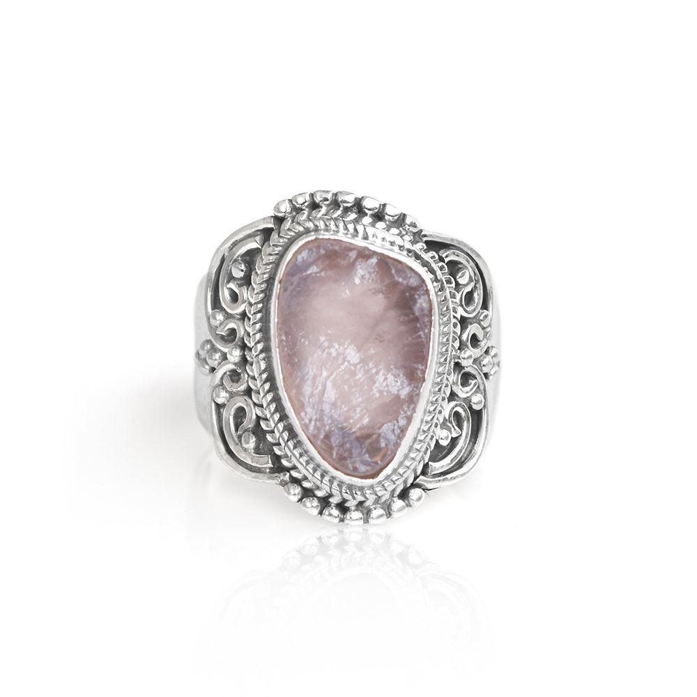 Rough Rose Quartz Gemstone Solid 925 Sterling Silver Ring Jewelry - YoTreasure