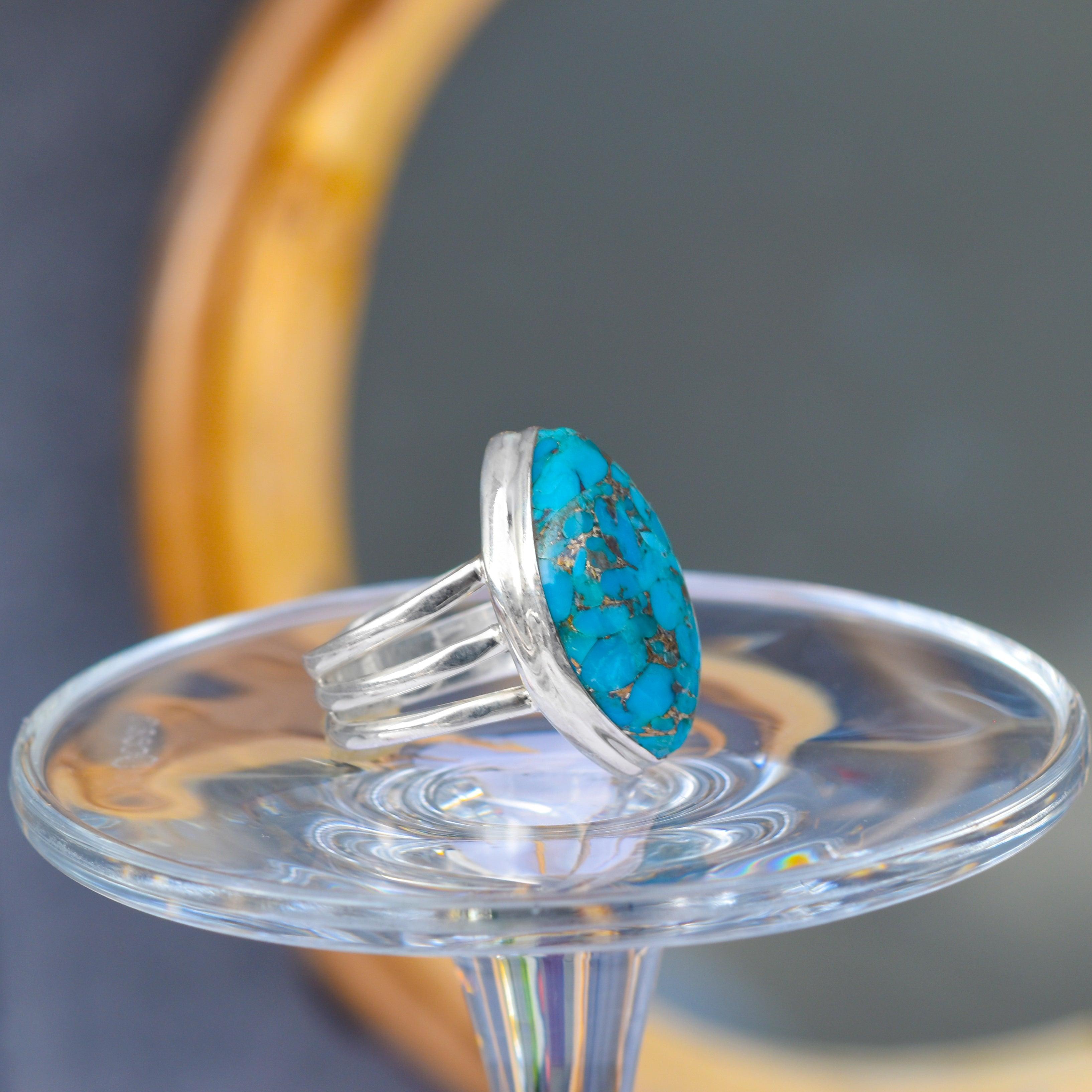 Blue Copper Turquoise Solid 925 Sterling Silver Split Shank Ring Jewelry - YoTreasure