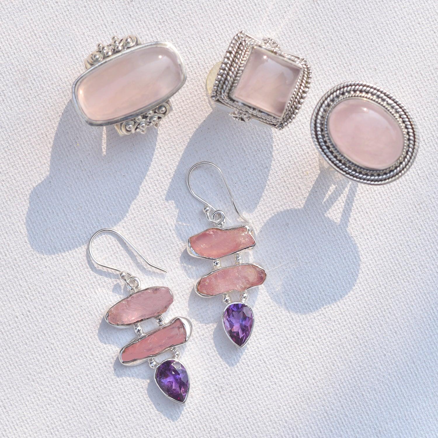 Rough Rose Quartz Amethyst Solid 925 Sterling Silver Dangle Earrings Jewelry - YoTreasure