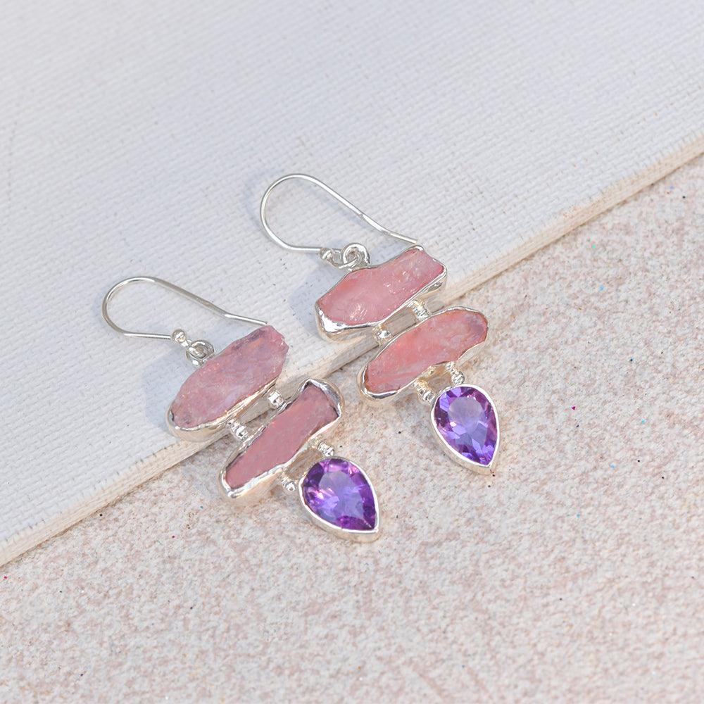 Rough Rose Quartz Amethyst Solid 925 Sterling Silver Dangle Earrings Jewelry - YoTreasure