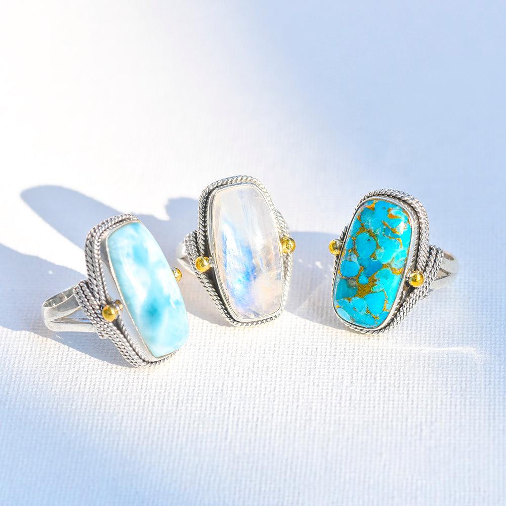 Blue Copper Turquoise Solid 925 Sterling Silver Brass Statement Ring Genuine Gemstone Jewelry - YoTreasure