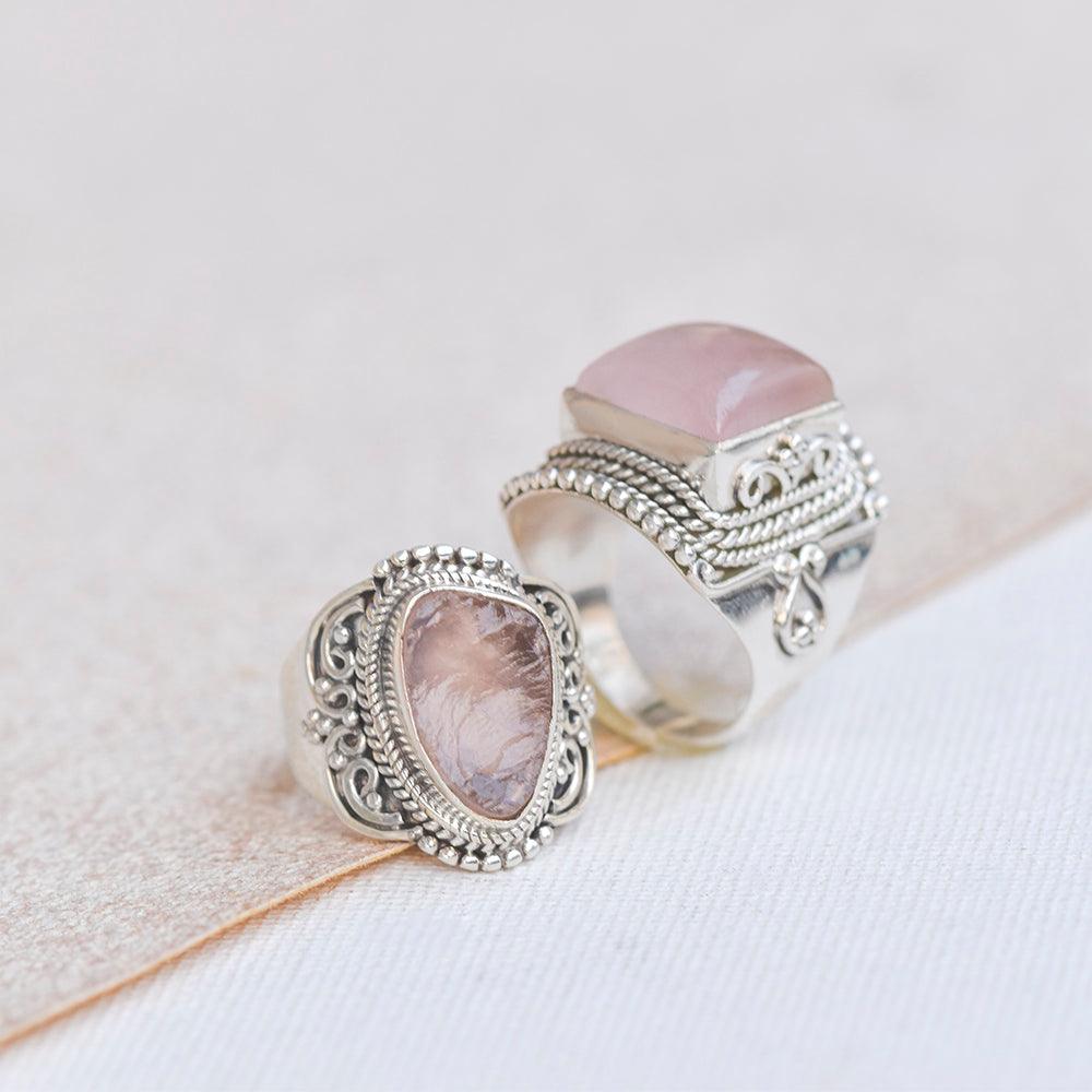 Rough Rose Quartz Gemstone Solid 925 Sterling Silver Ring Jewelry - YoTreasure