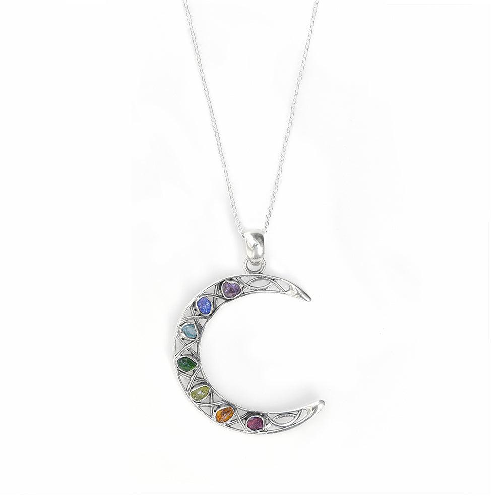 Rough Chakra Healing Stone Solid Sterling Silver Chain Crescent Moon Necklace Pendant Jewelry - YoTreasure