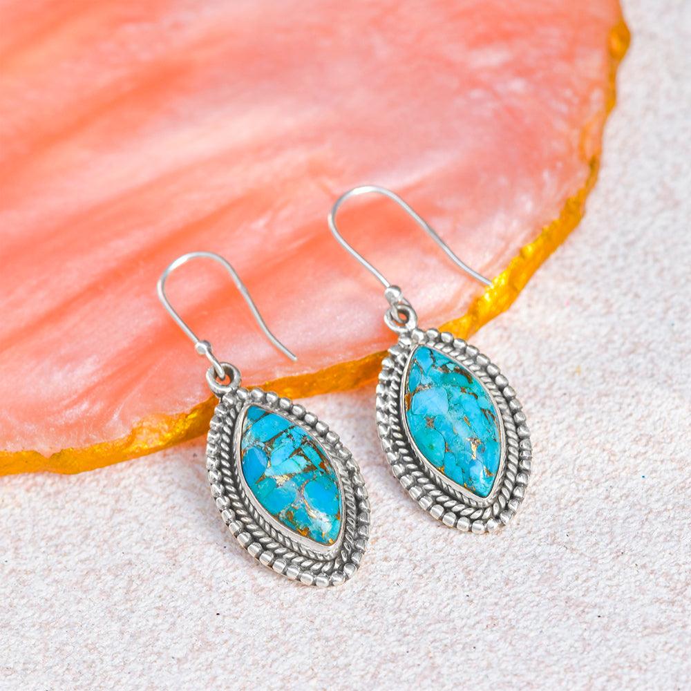 Blue Copper Turquoise Solid 925 Sterling Silver Dangle Earrings Jewelry - YoTreasure