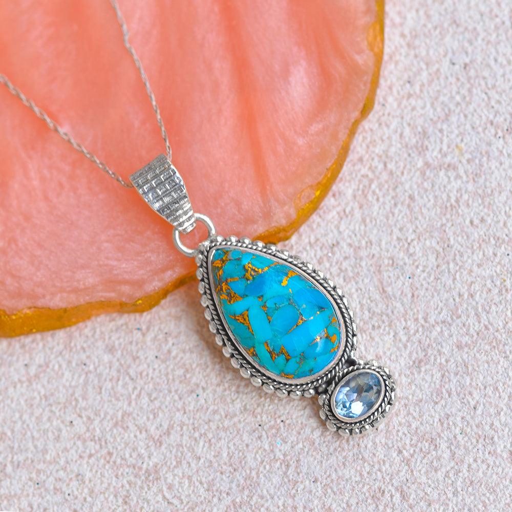 Blue Copper Turquoise Solid 925 Sterling Silver Chain Pendant Jewelry - YoTreasure