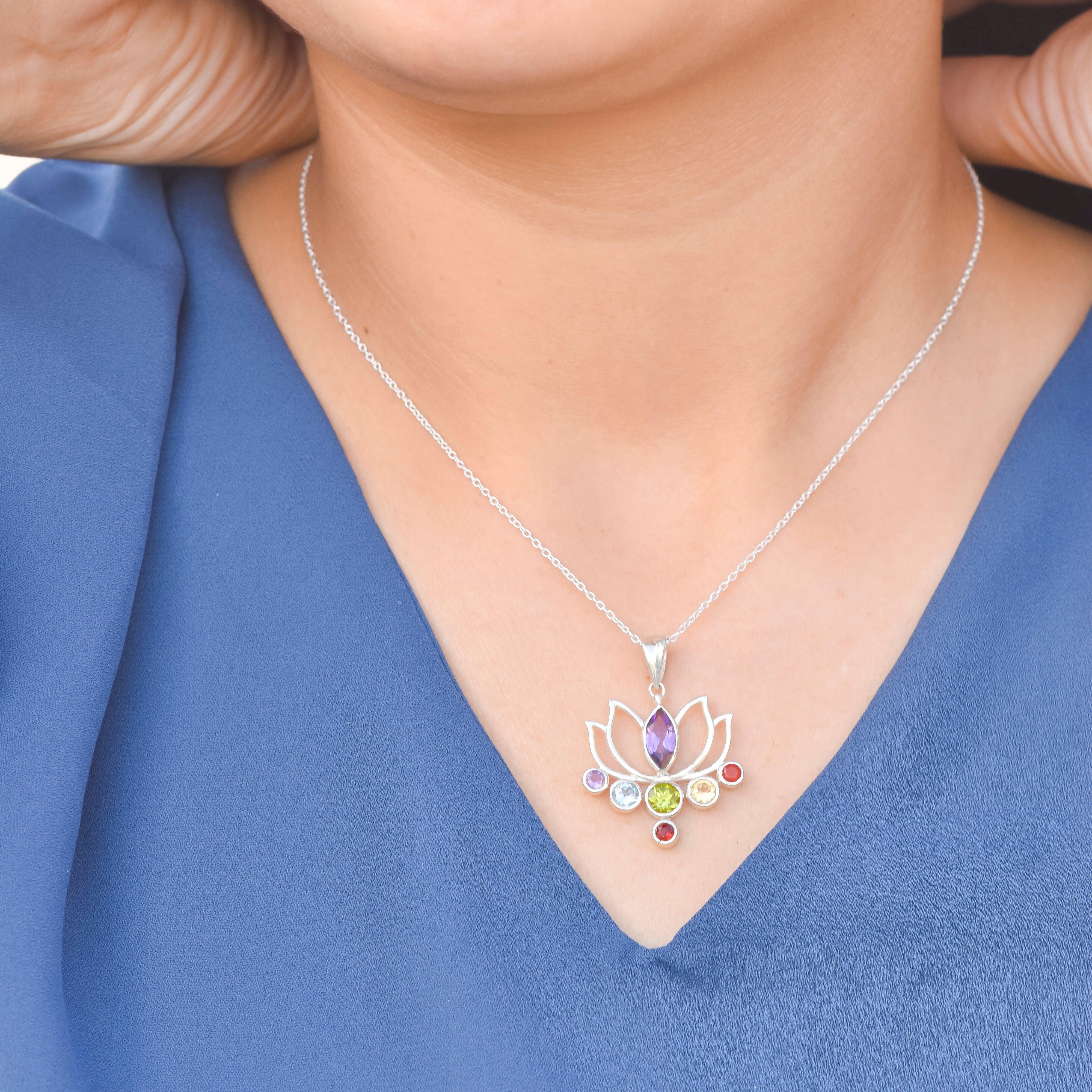 Chakra Healing Stone Solid Sterling Silver Chain Lotus Flower Pendant Gemstone Necklace Jewelry - YoTreasure