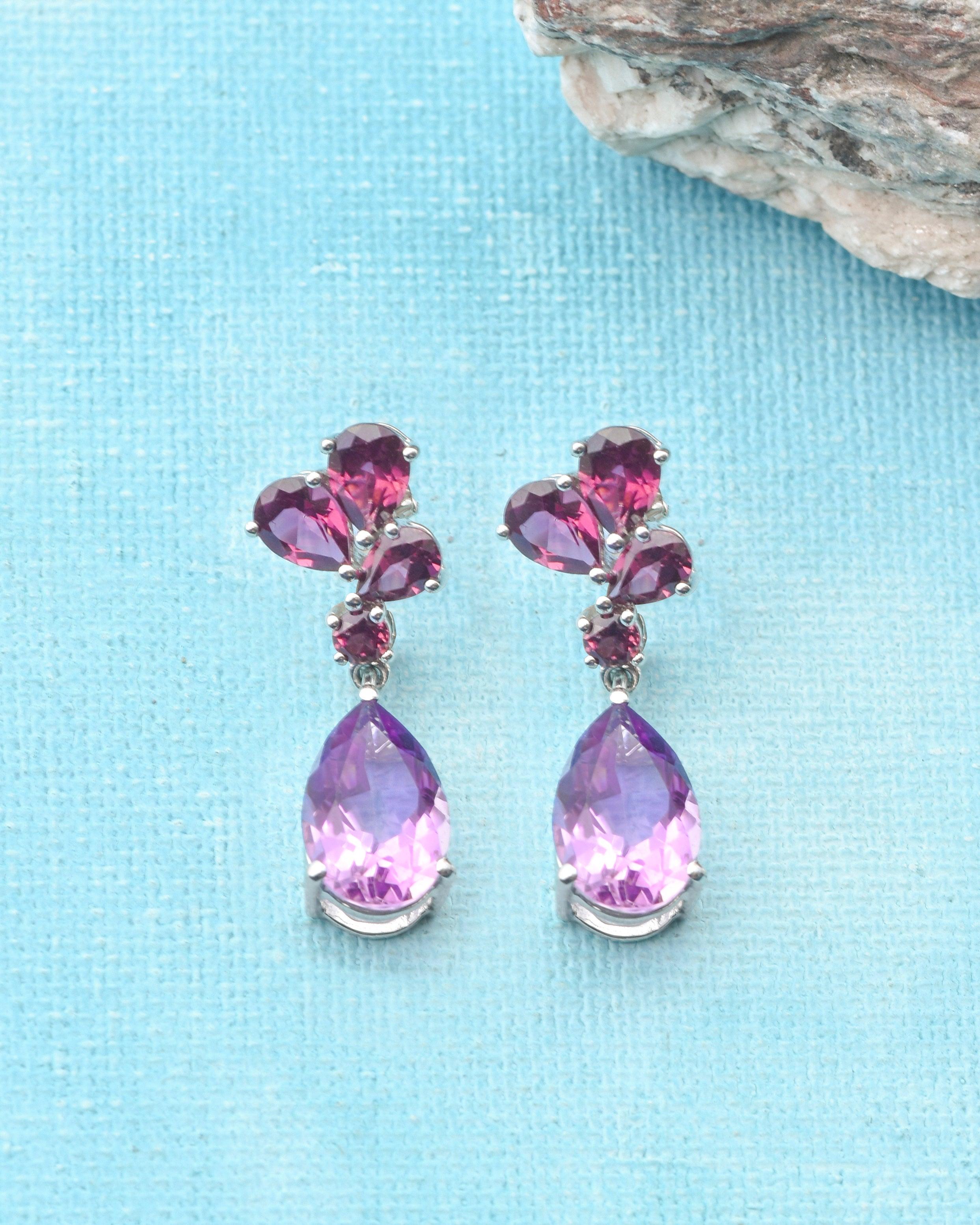 14.15 Ct Pink Amethyst Rhodolite Garnet Solid 925 Sterling Silver Drop Earrings Jewelry - YoTreasure
