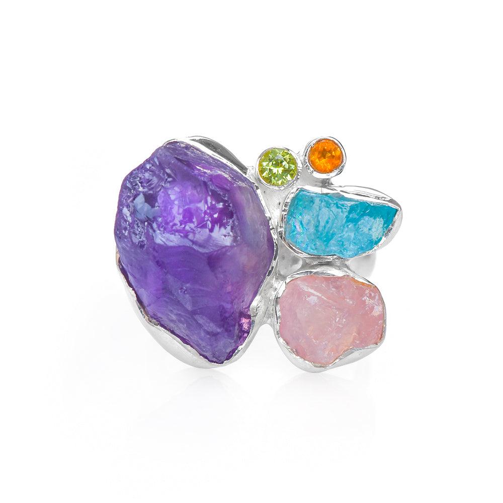 Rough Multi Gemstone Solid 925 Sterling Silver Ring Jewelry - YoTreasure