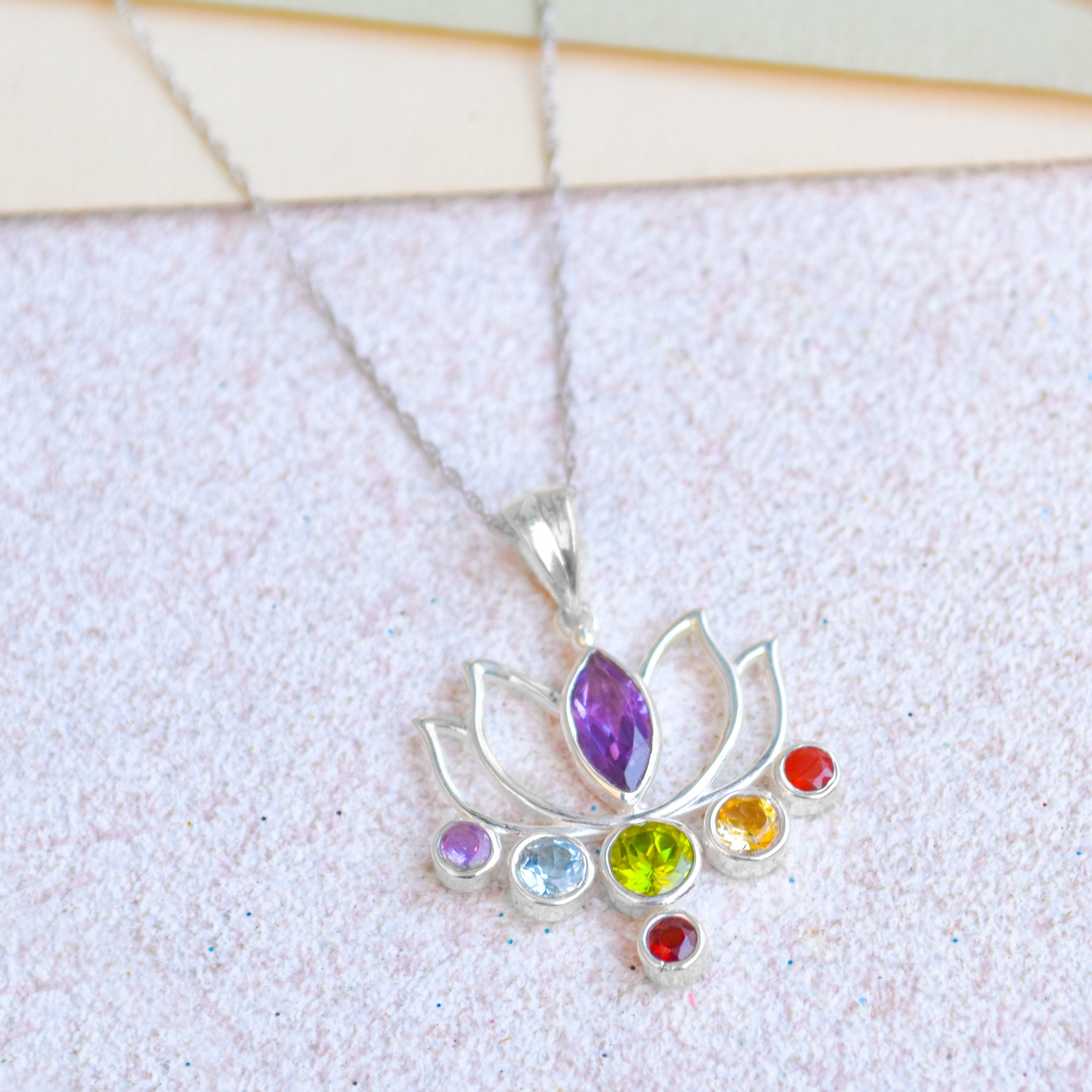 Chakra Healing Stone Solid Sterling Silver Chain Lotus Flower Pendant Gemstone Necklace Jewelry - YoTreasure