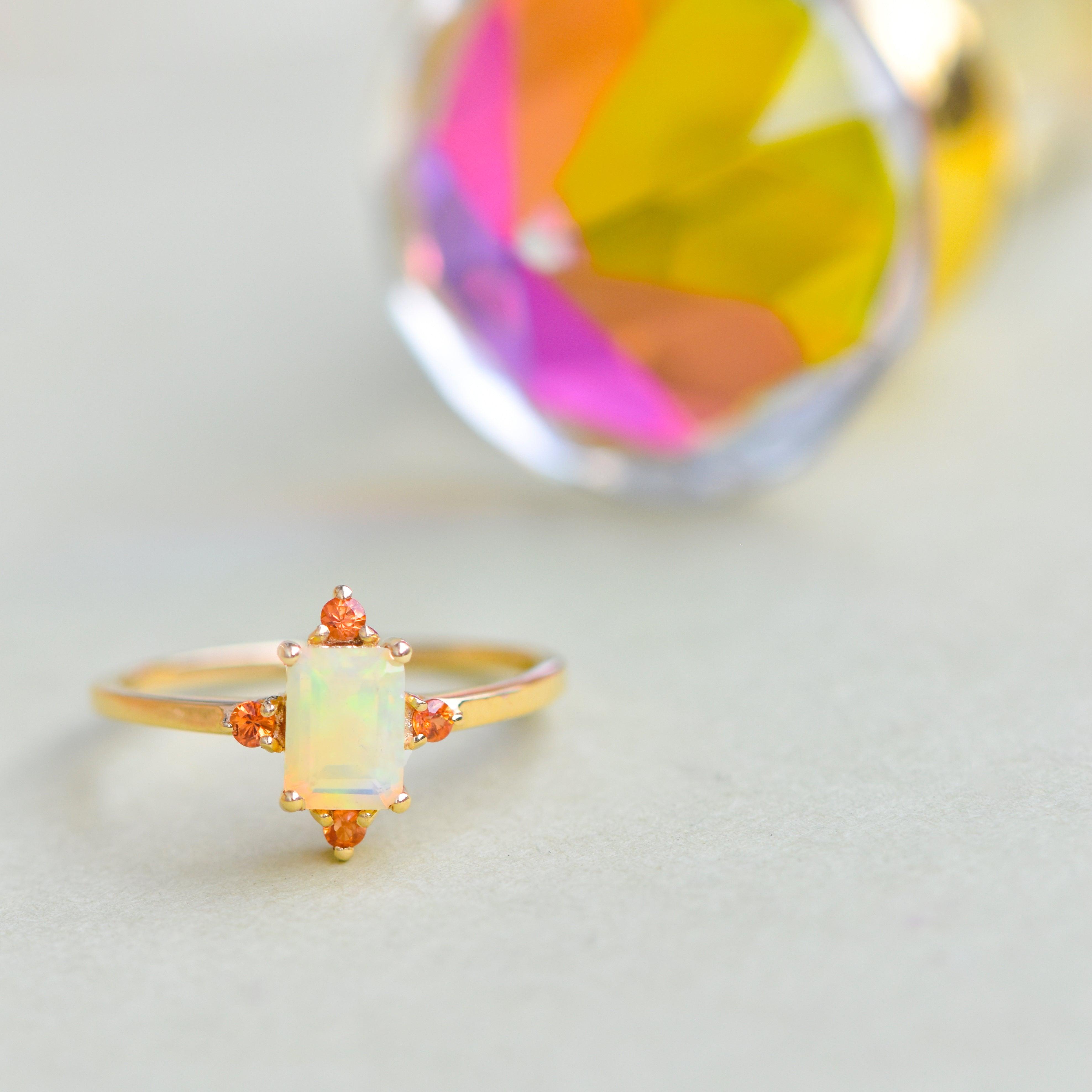 Ethiopian Opal Orange Sapphire 10kt Yellow Gold Minimalist Ring