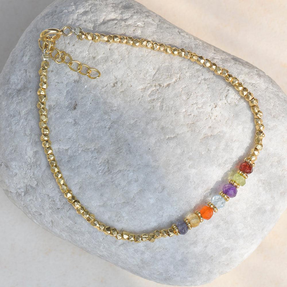 Chakra Stone Solid 925 Sterling Silver Gold Plated Link Chain Bracelet 8" - YoTreasure