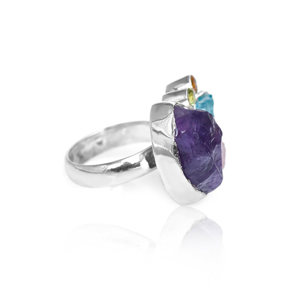 Rough Multi Gemstone Solid 925 Sterling Silver Ring Jewelry - YoTreasure