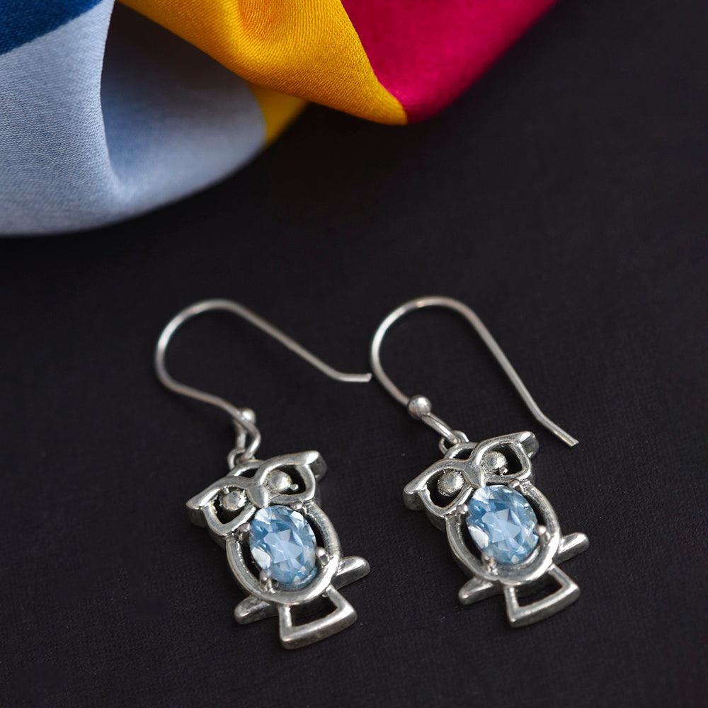 1 1/2" Blue Topaz Owl Design Dangle Earrings - YoTreasure