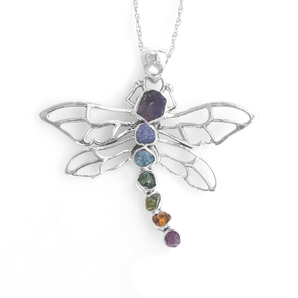 Rough Chakra Healing Stone Solid Sterling Silver Chain Dragonfly Pendant Necklace Jewelry - YoTreasure