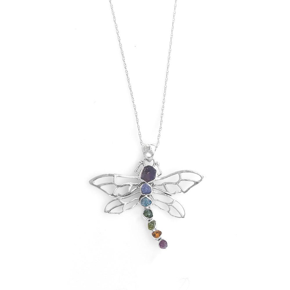 Rough Chakra Healing Stone Solid Sterling Silver Chain Dragonfly Pendant Necklace Jewelry - YoTreasure