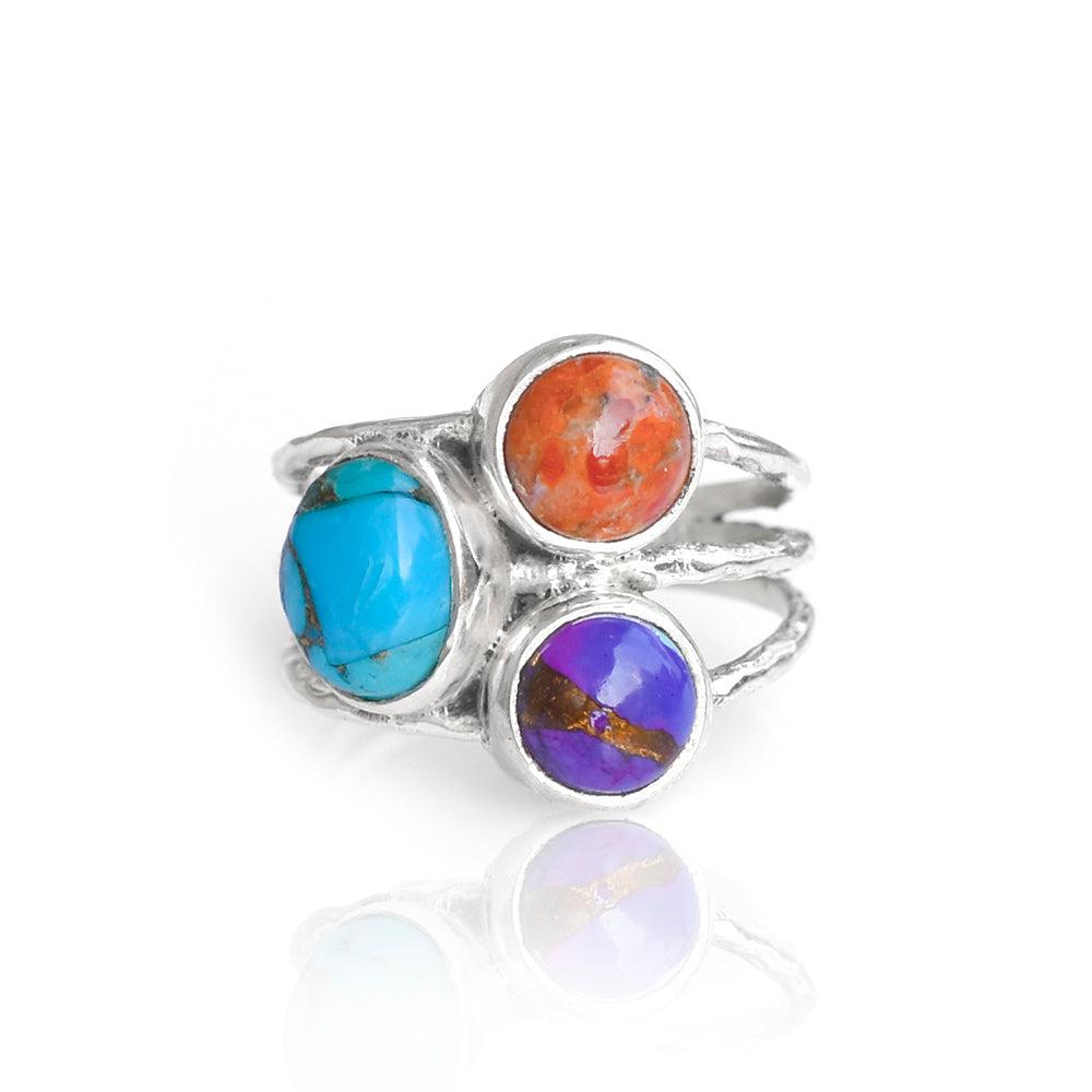 Tri Color Copper Turquoise Solid 925 Sterling Silver Designer Ring Jewelry - YoTreasure