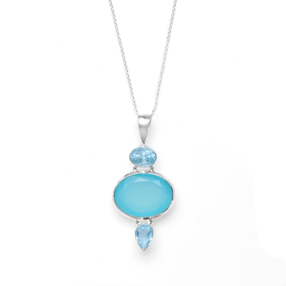 Aqua Chalcedony Blue Topaz Solid 925 Sterling Silver Chain Pendant Jewelry - YoTreasure