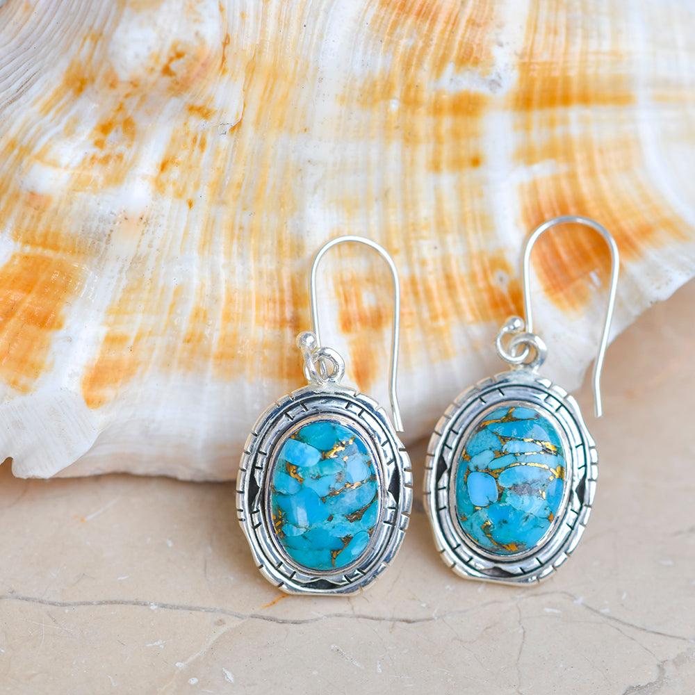 1.49" Blue Copper Turquoise Solid 925 Sterling Silver Dangle Earrings Jewelry - YoTreasure