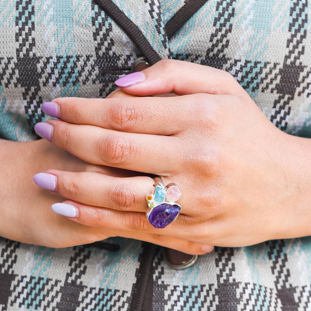 Rough Multi Gemstone Solid 925 Sterling Silver Ring Jewelry - YoTreasure