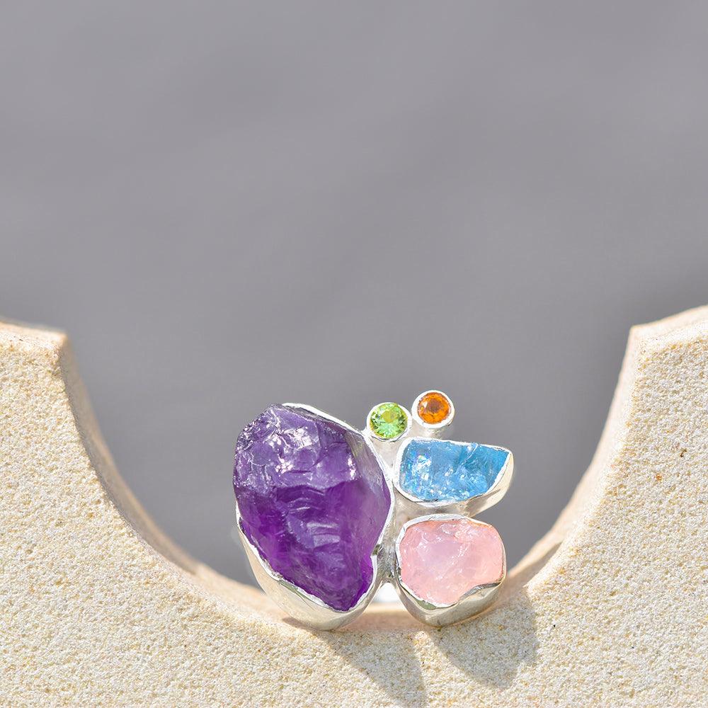 Rough Multi Gemstone Solid 925 Sterling Silver Ring Jewelry - YoTreasure