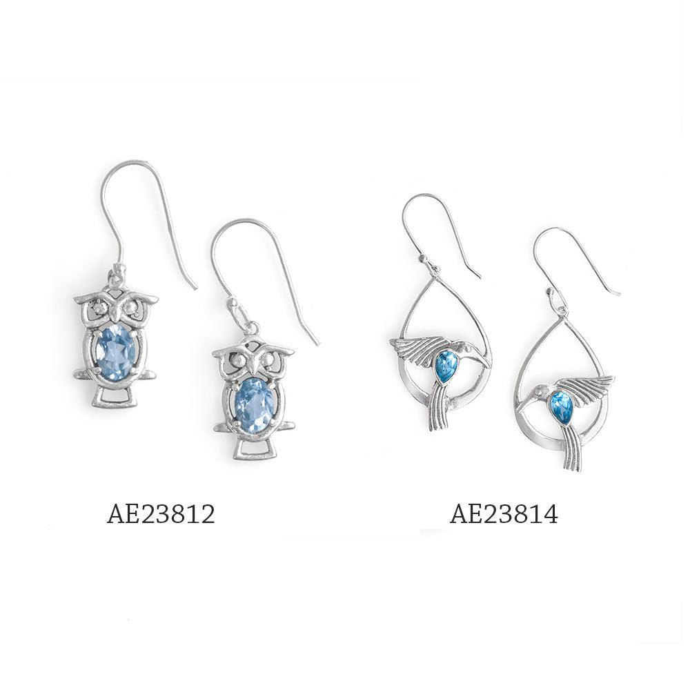 1 1/2" Blue Topaz Owl Design Dangle Earrings - YoTreasure