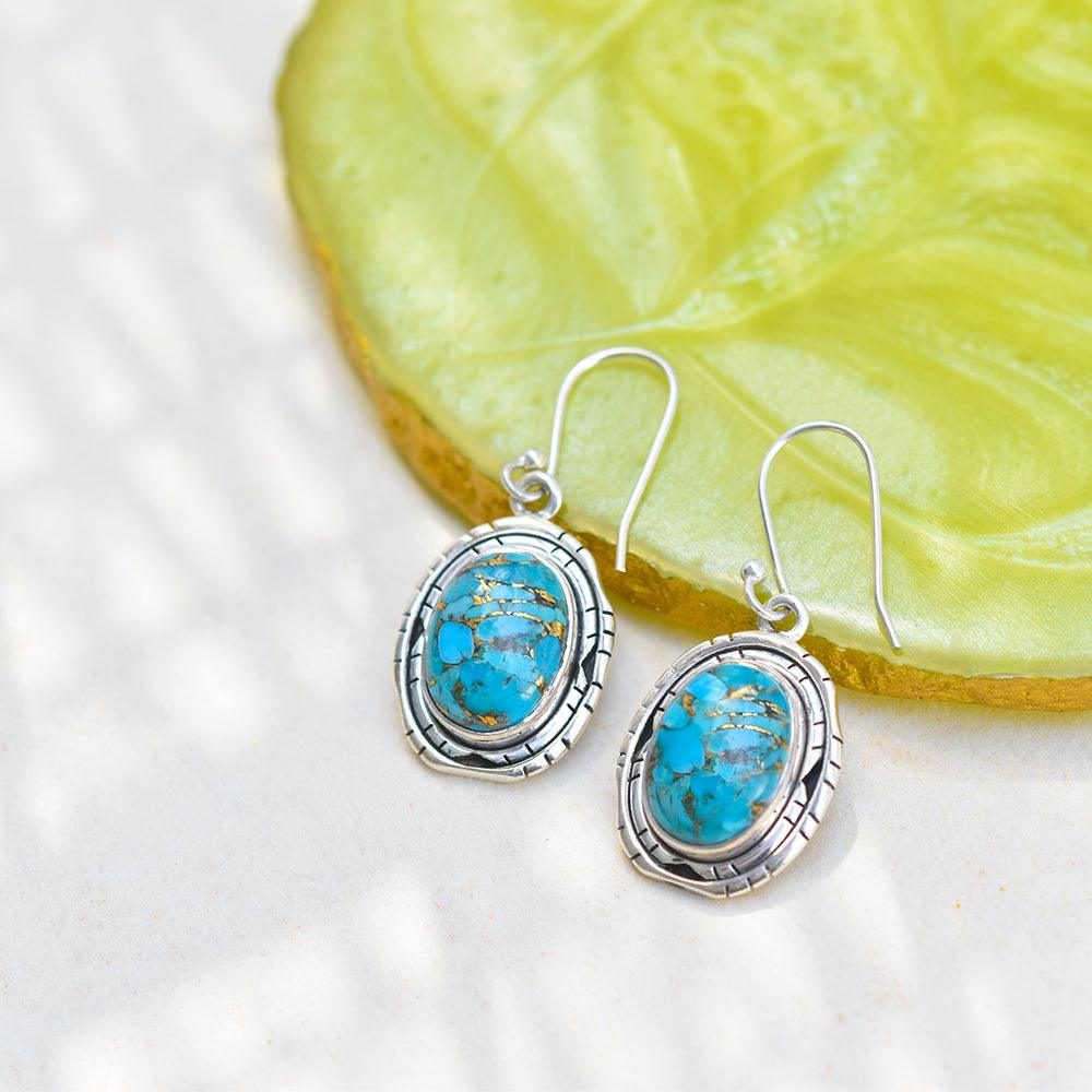 1.49" Blue Copper Turquoise Solid 925 Sterling Silver Dangle Earrings Jewelry - YoTreasure