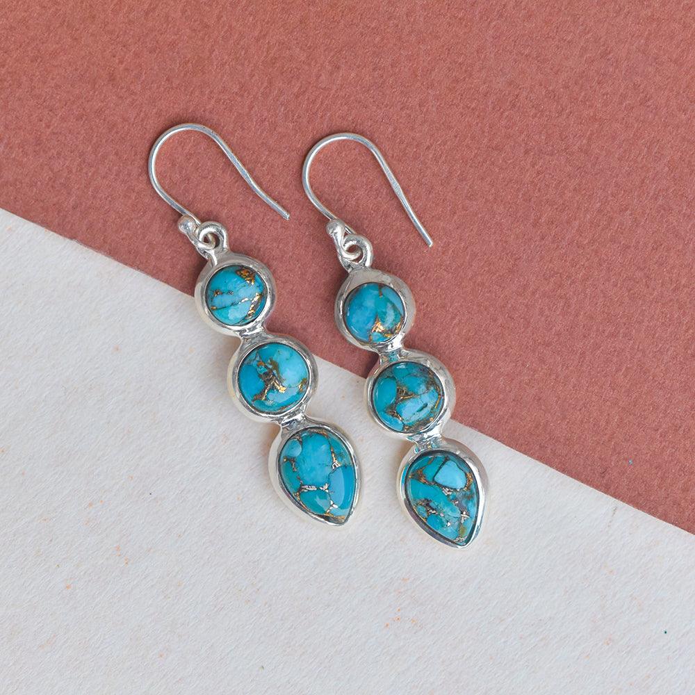 Blue Copper Turquoise Solid 925 Sterling Silver Teardrop Dangle Earrings Jewelry - YoTreasure