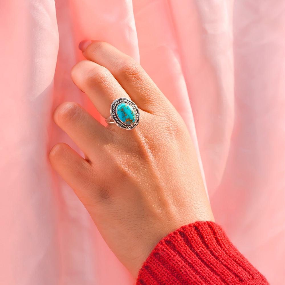 Blue Copper Turquoise Ring - .925 Sterling Silver Bold Statement Ring With Brass Accents - View #10
