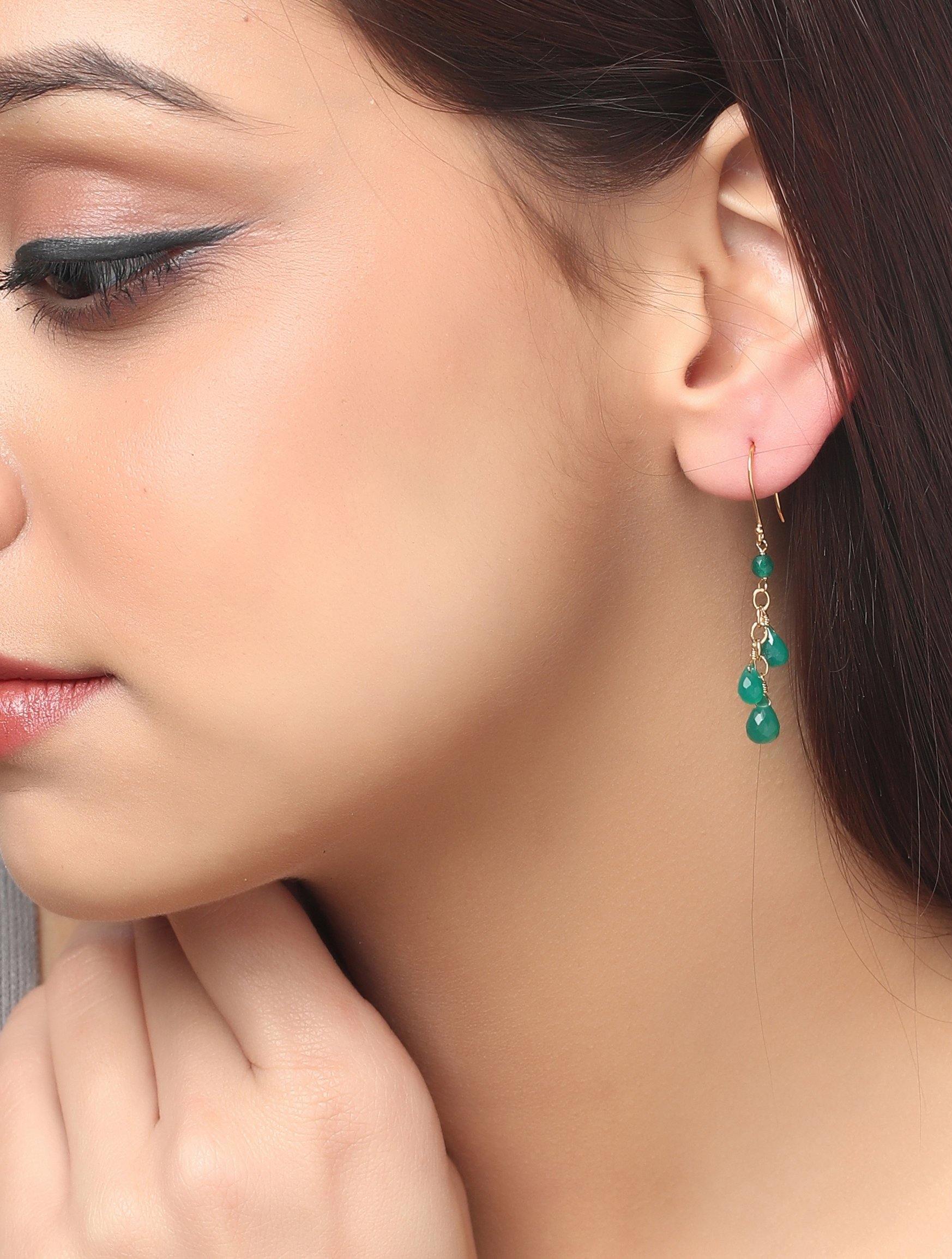 3.70 Ct. Green Onyx Solid 10k Yellow Gold Beads Dangle Earrings - YoTreasure