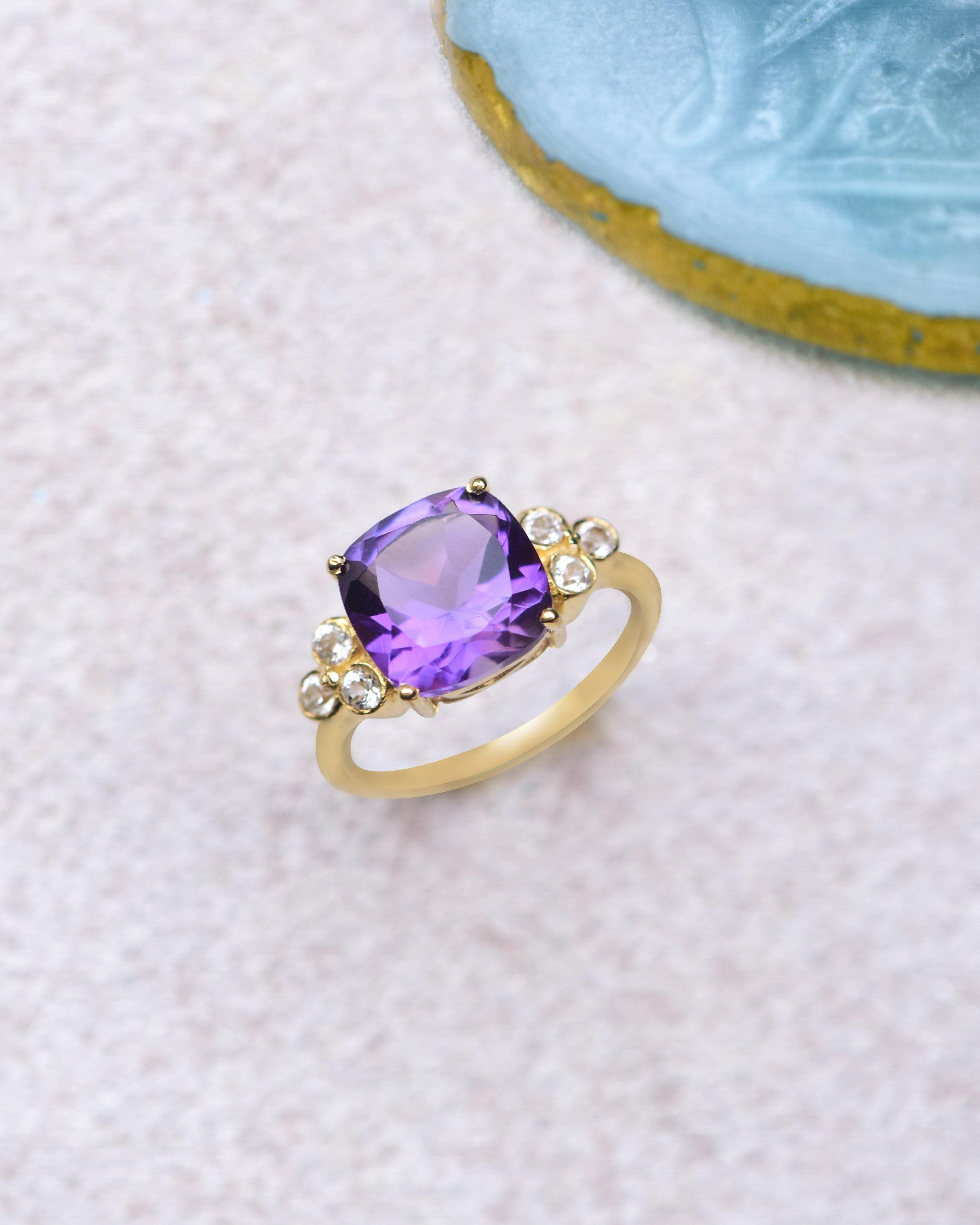 Amethyst White Topaz Solid 925 Sterling Silver Gold Plated Ring Genuine Gemstone Jewelry - YoTreasure