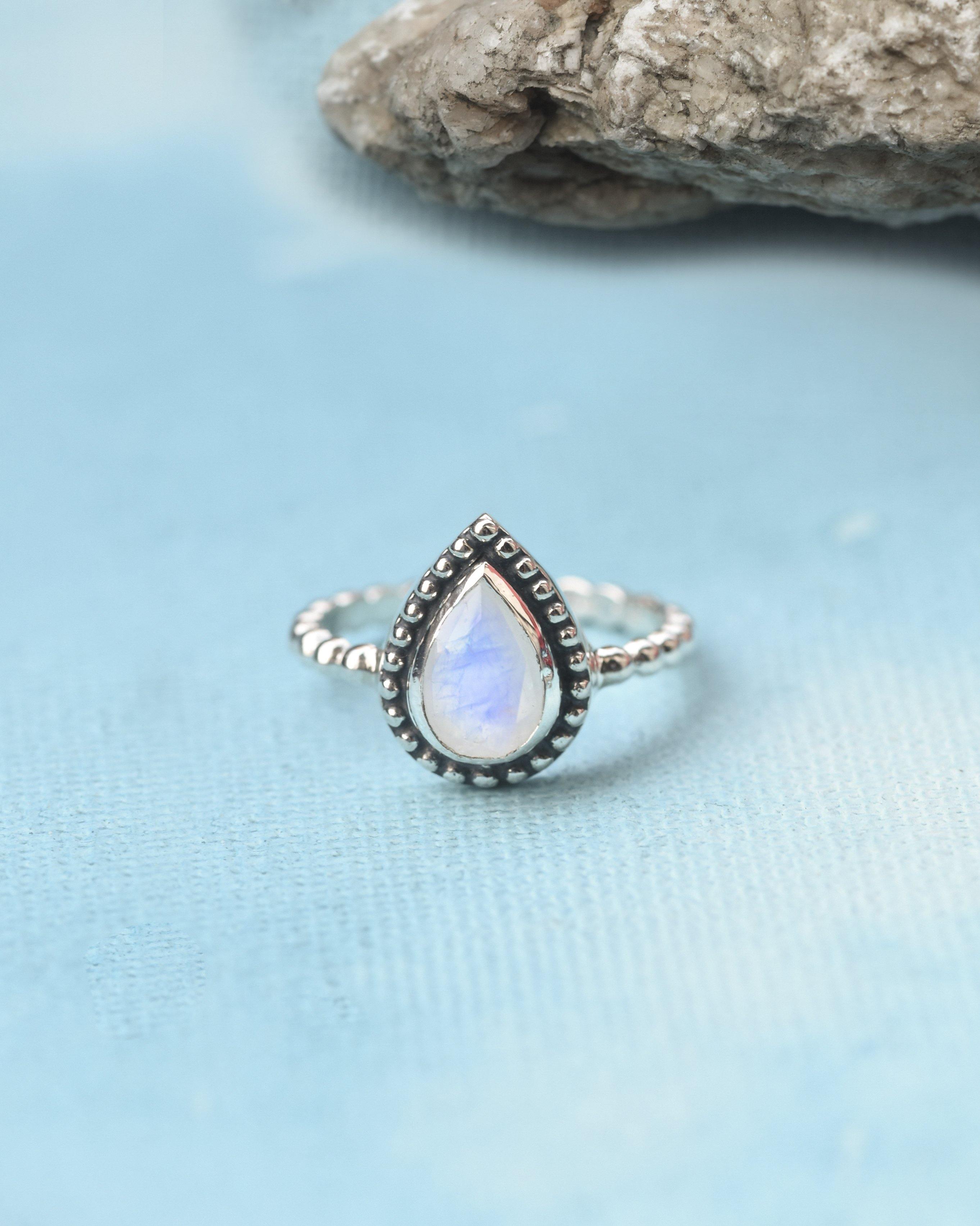 Rainbow Moonstone Solid 925 Sterling Silver Ring Genuine Gemstone Jewelry - YoTreasure