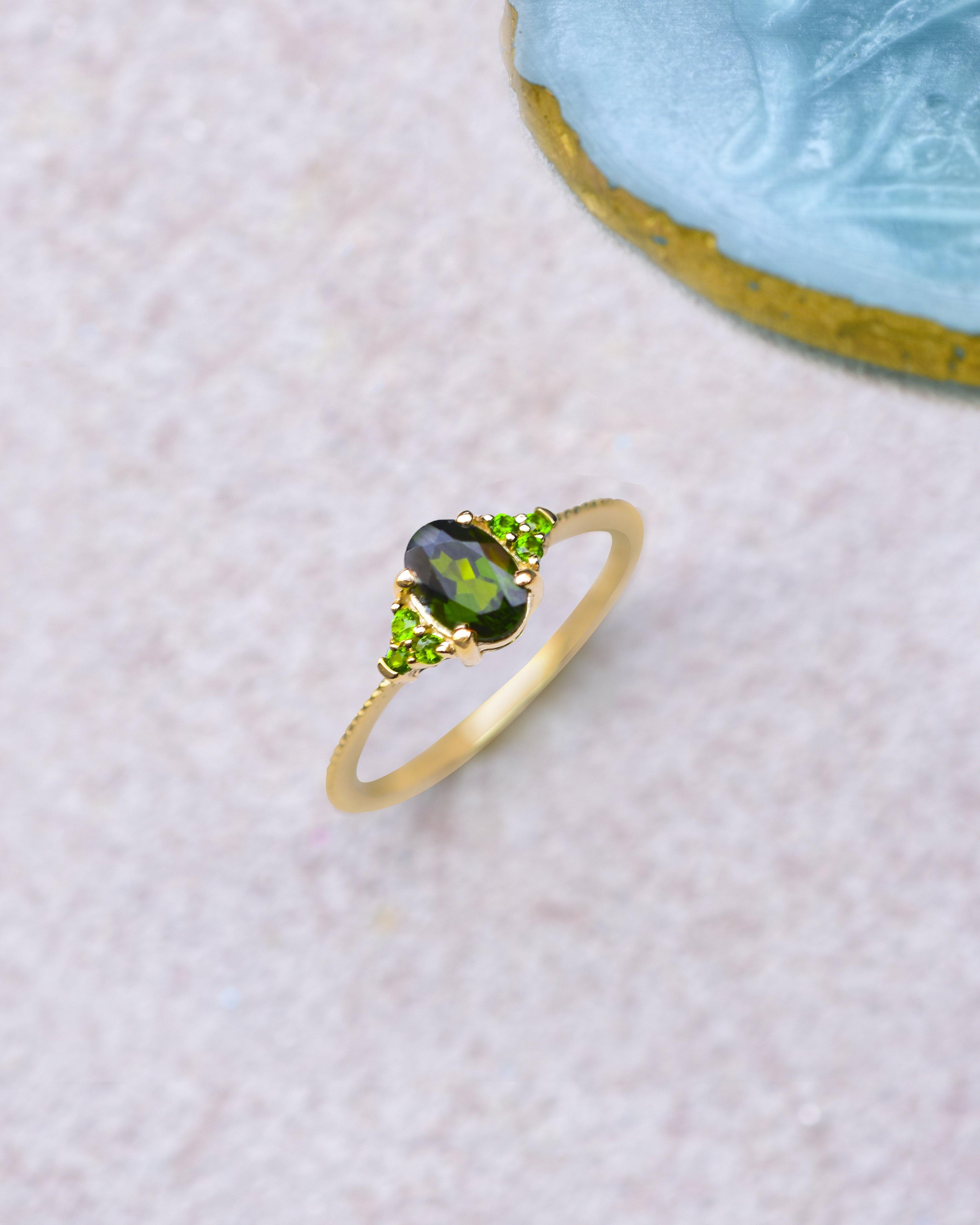 Chrome Diopside Solid 925 Sterling Silver Gold Plated Promise Ring Genuine Gemstone Jewelry - YoTreasure