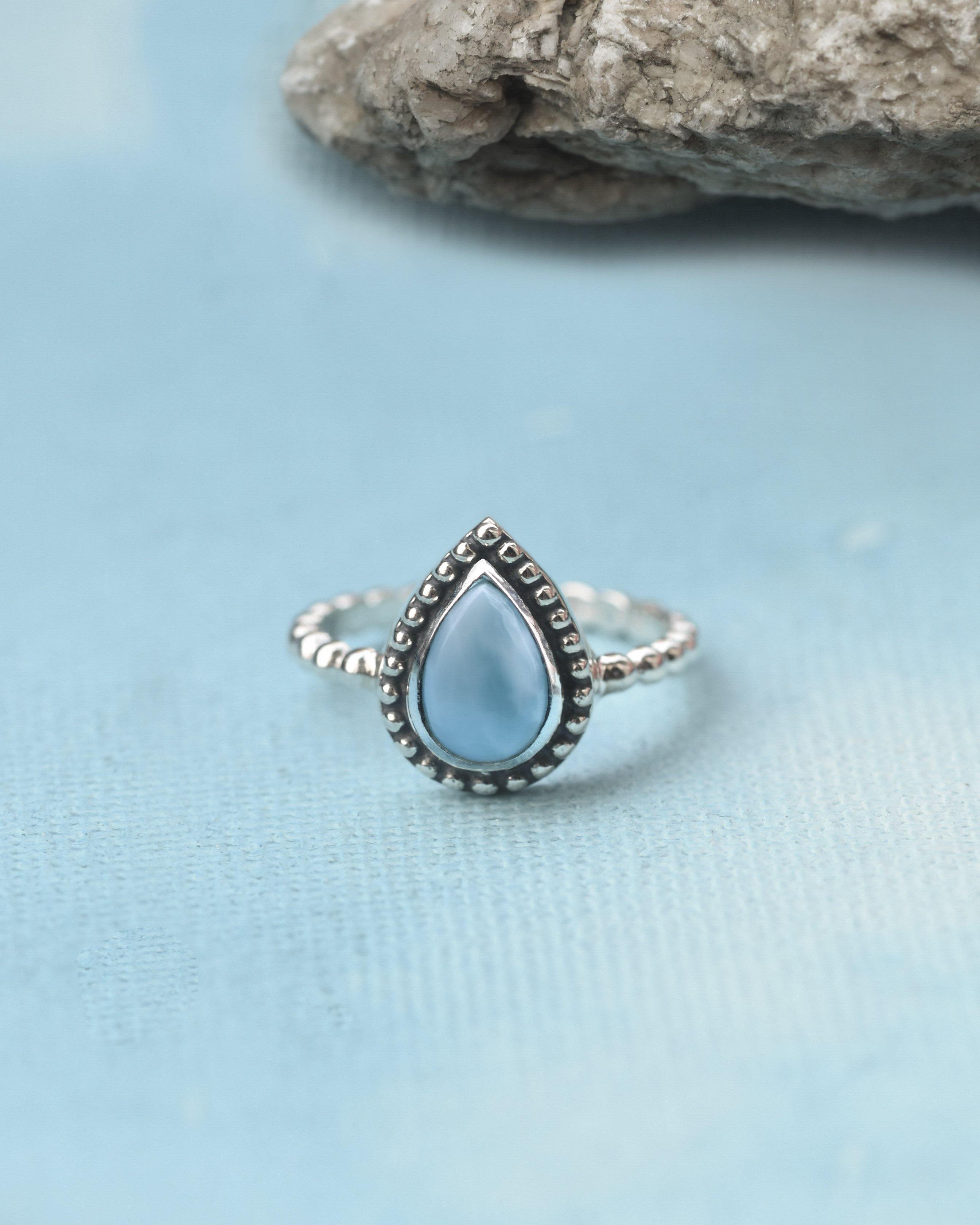 Natural Larimar Solid 925 Sterling Silver Teardrop Ring Genuine Gemstone Jewelry - YoTreasure